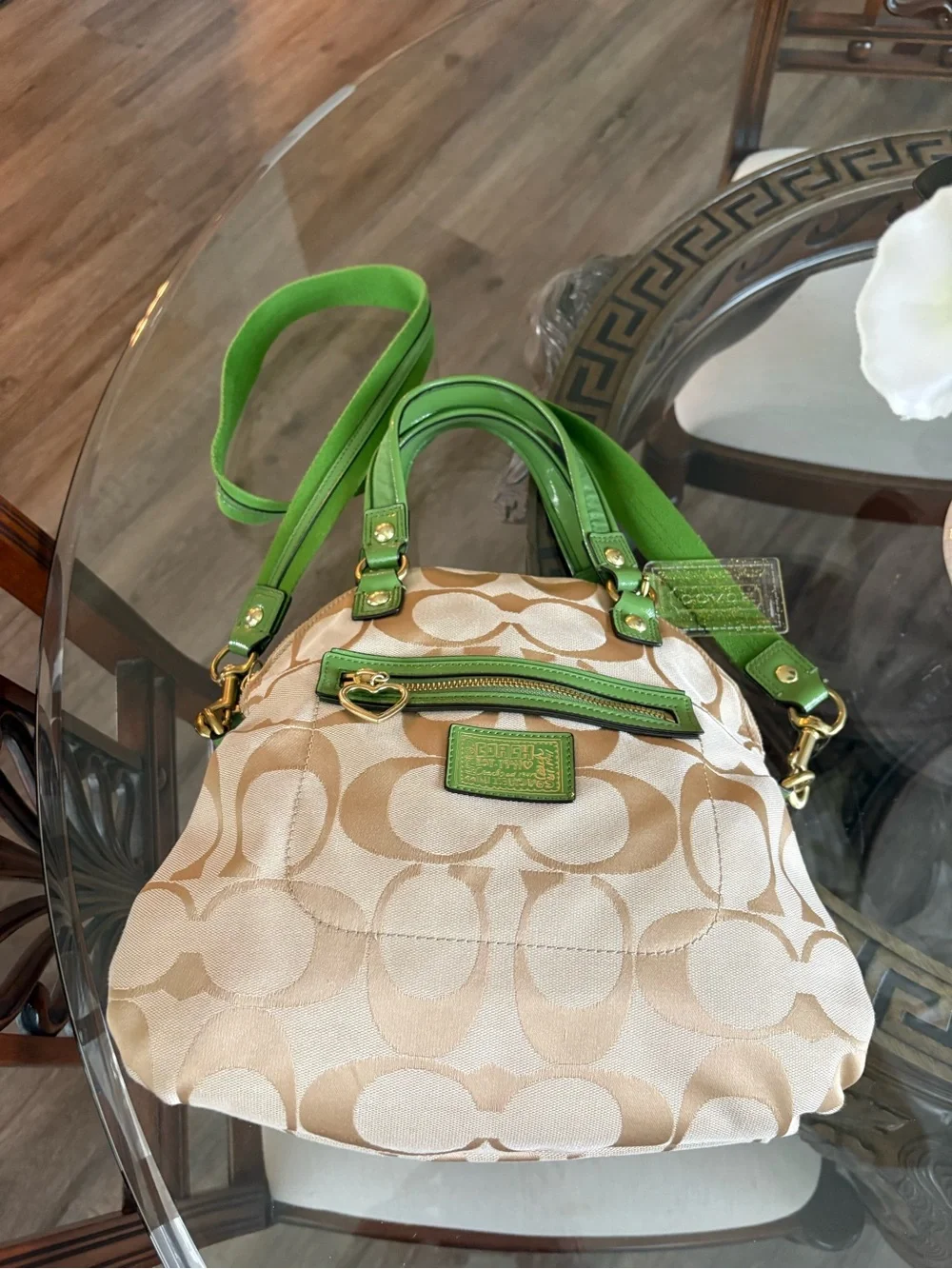 ππCOACH POPPY DAISY SIGNATURE KHAKI JACQUARD & CHARTREUSE LEATHER BAG!ππ - Picture 3 of 10